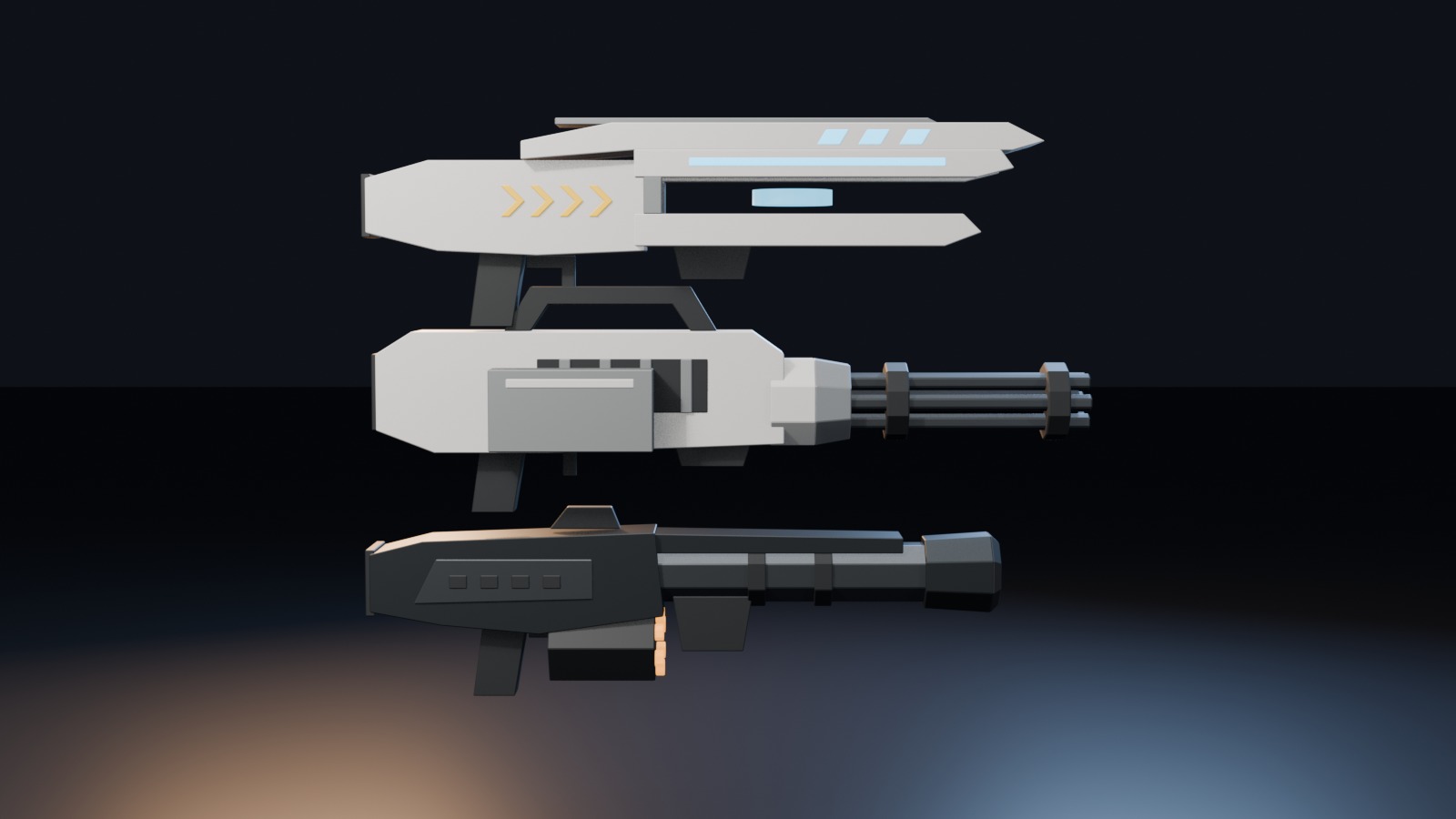 The three weapons side by side