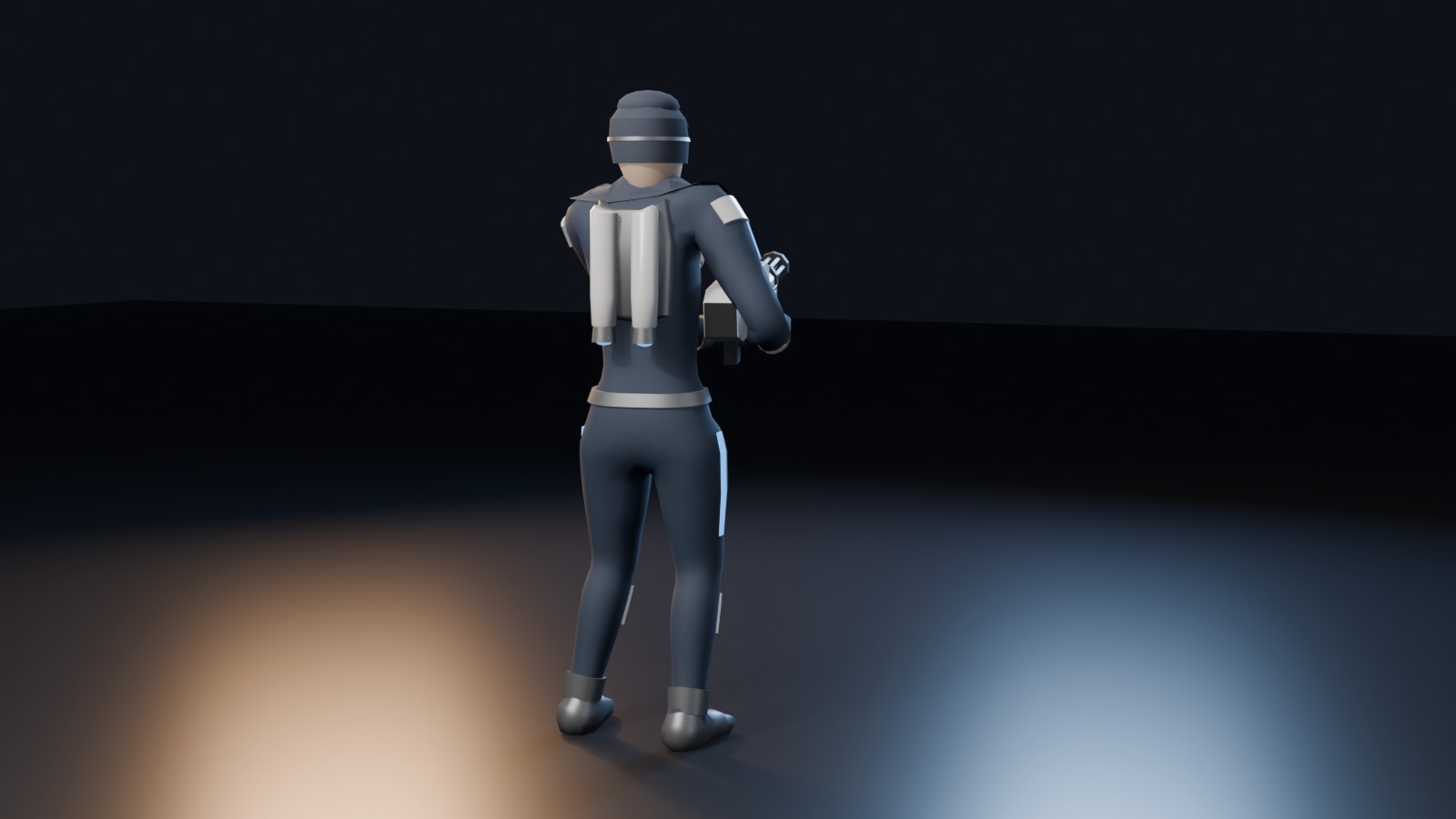 The Avatar from behind, showing the twin-tank jetpack