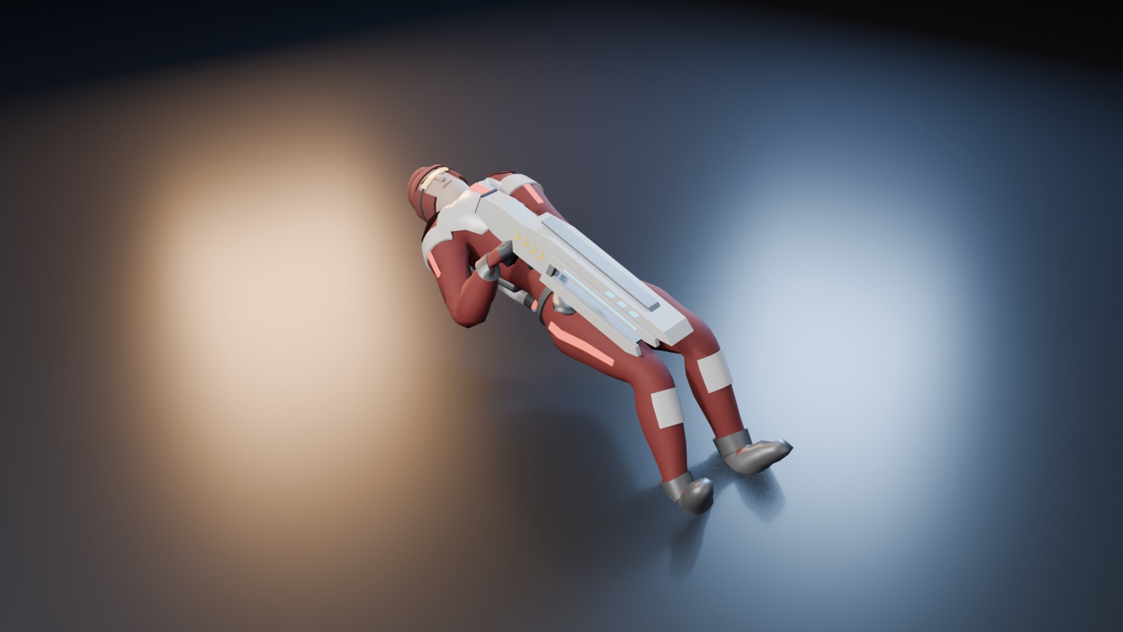 A red Avatar lying on its back, the disc launcher along its body