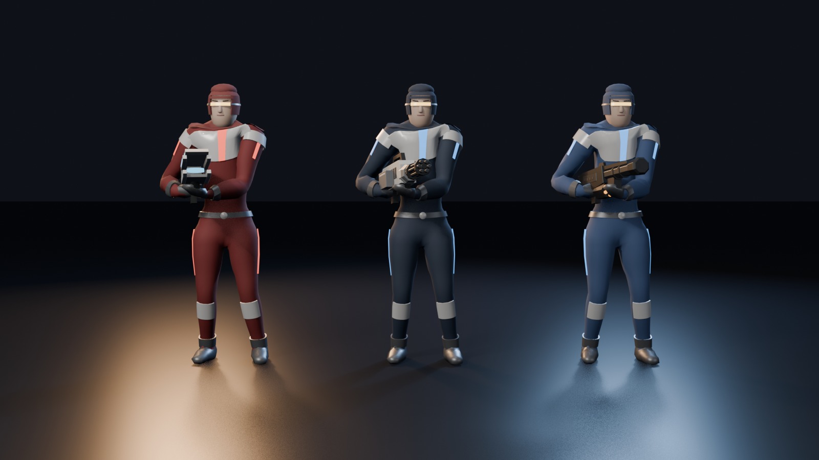 Three Avatars: red with the disc launcher, navy with the chaingun, blue with the grenade launcher